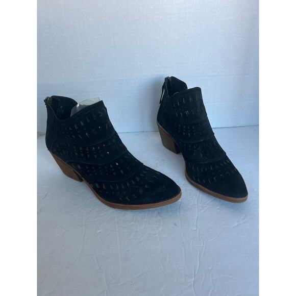 Sofft Black Suede Laser Cutout Westwood II Block Heel Back Zip Ankle Boots Sz 8M - Picture 2 of 10